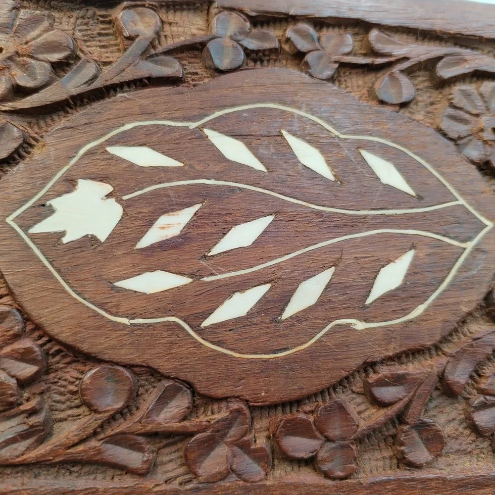 Vintage Hand Carved Indian‎ Wood Jewelry Box Inlay Floral Trinket Boho 6